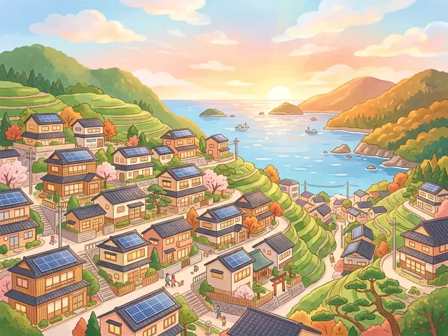 屋根に太陽光パネルがある町のイラスト