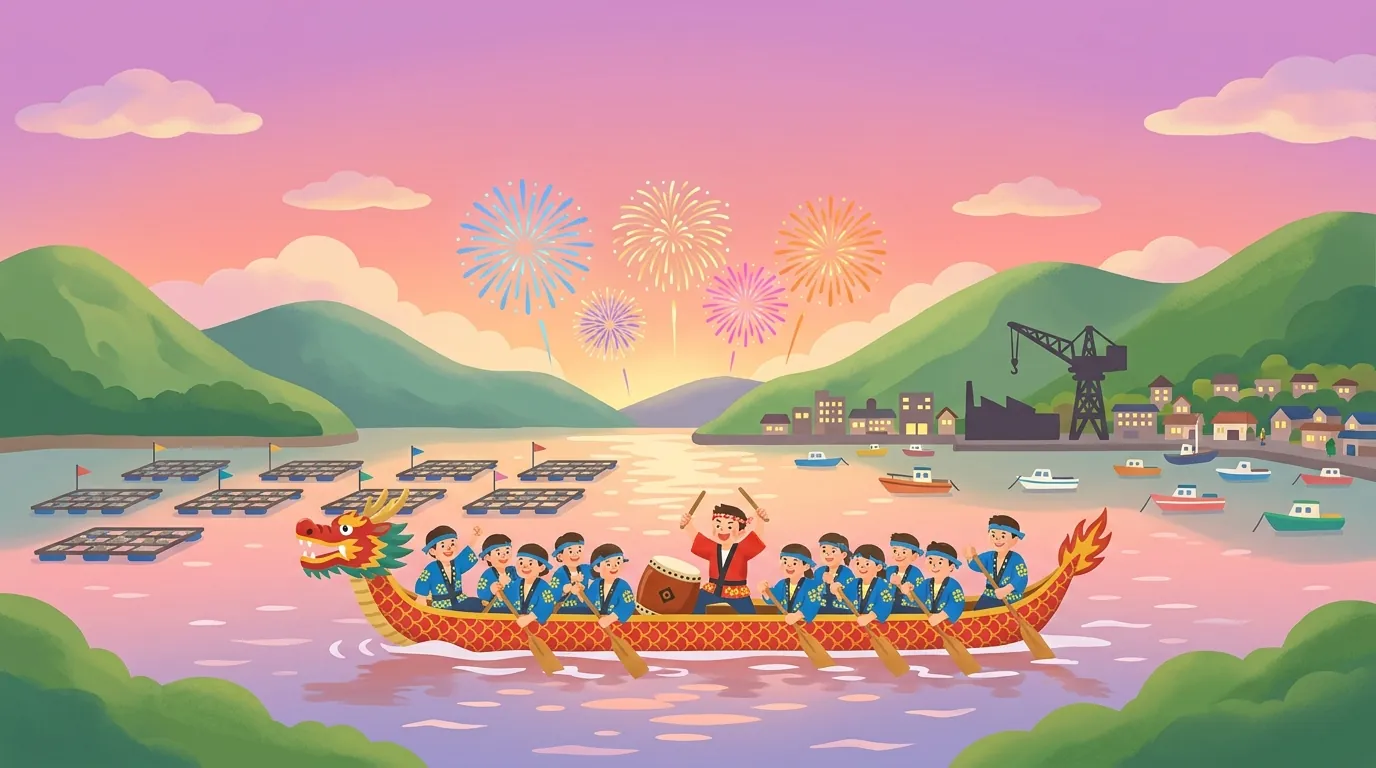 夕暮れの相生湾で、竜の頭のペーロン船をみんなでこいでいるイラスト。空には花火、海にはカキいかだ、向こう岸には造船所のクレーンと町なみ