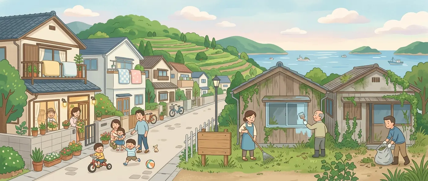 海の見える町で、家族が遊ぶ家なみのとなりの空き家を、近所の人たちが草かりやペンキぬりで手入れしているイラスト