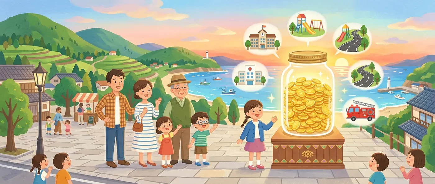 金貨がたくさん入った大きなびんを家族や子どもたちが見ていて、まわりに学校・病院・公園・道路・消防車の絵がうかんでいるイラスト